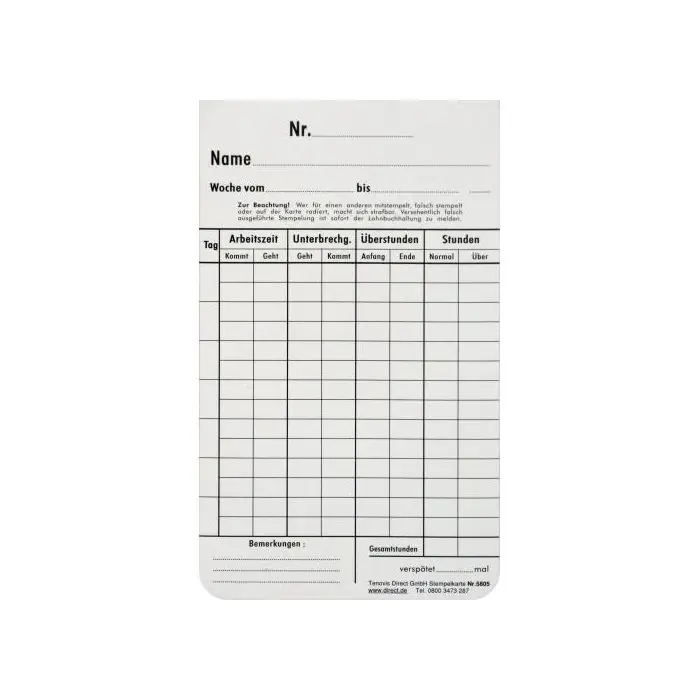 Zeitregistrierkarten 2 Wochen 5805 100er Pack